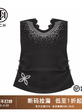 TCH潮牌2024新中式系列烫钻时尚黑色无袖T恤T72B10E9076