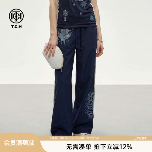 TCH2026夏季女装休闲裤烫钻阔腿侧边条纹蓝闪小熊裤子T78C20E5010