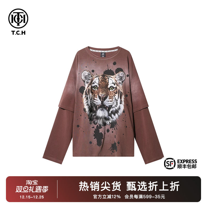 烫钻老虎头字母宽松长袖T恤