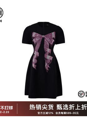 TCH烫钻蝴蝶结气质黑色连衣裙女2025春秋新款千金风T75A30E1001