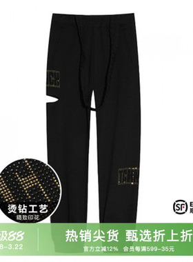 TCH潮牌字母烫金钻黑色休闲裤秋新款破洞束脚裤子男女T21120C6045