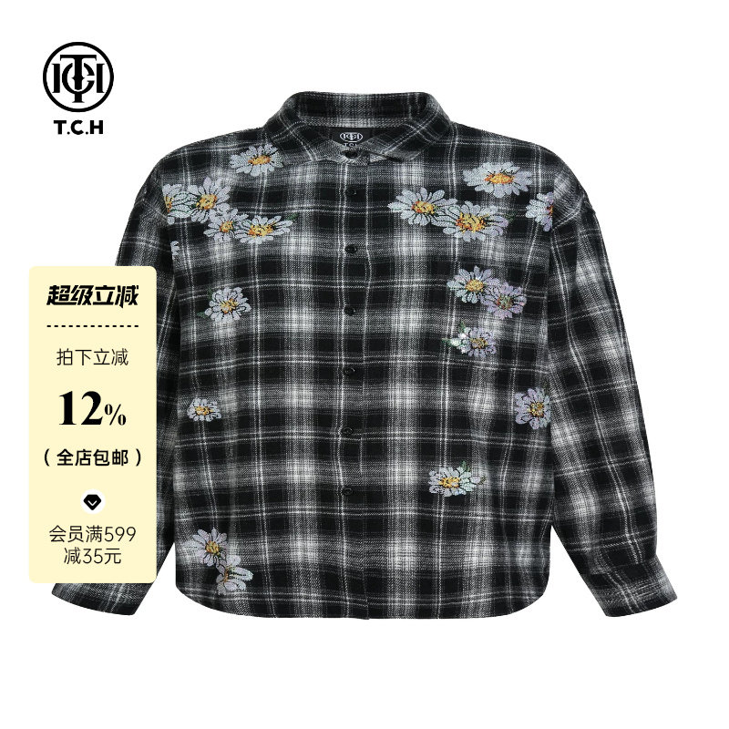 TCH轻奢秋季旅游风烫钻时尚淑女黑白格衬衫T75C13E9007私服tch