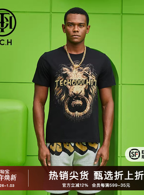 TCH潮牌T恤烫钻狮子头字母秋夏新款男女黑色短袖T69B106016