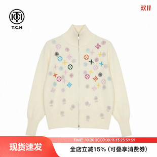 TCH秋款百搭烫钻米色立领拉链针织开衫女装休闲风长袖宽松毛衣