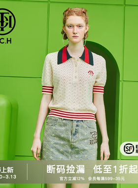 TCH轻奢潮牌春夏新款时尚镂空设计撞色翻领上衣T69B098002