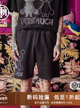 TCH潮牌烫钻情侣熊系列男女黑色休闲裤五分裤T66A218101
