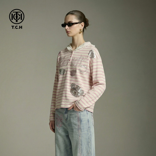 TCH【时尚穿搭】秋款时尚烫钻粉色休闲风女装针织衫T78A09E1130