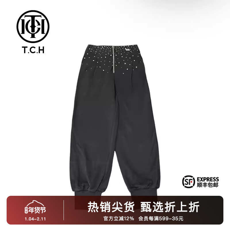 TCH潮牌休闲长裤烫钻宽松2025秋夏新男女黑色裤子T69B206020,男装,休闲裤,淘宝优惠券,粉丝福利购,淘宝优惠卷