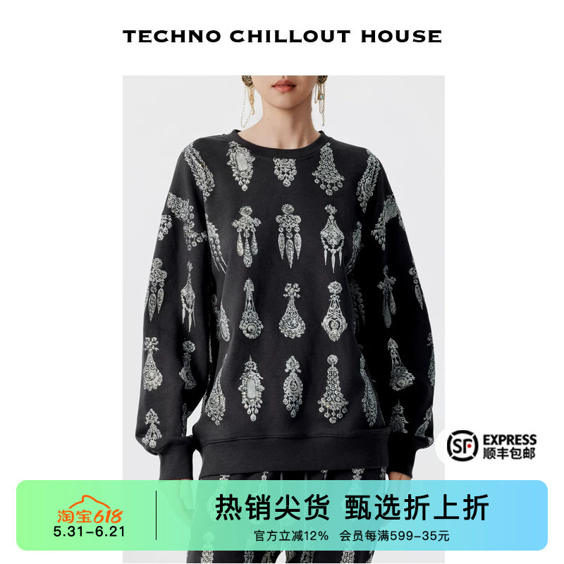 TCH潮牌个性烫钻耳钉套头卫衣女春秋新款宽松圆领衫上衣男士