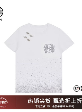 TCH潮牌2025新中式秋夏潮流烫钻系列白色短袖T恤T72A10E9021