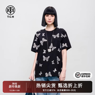 新款 T恤2025夏季 设计感休闲宽松圆领上衣男女 短袖 TCH烫钻蝴蝶时尚