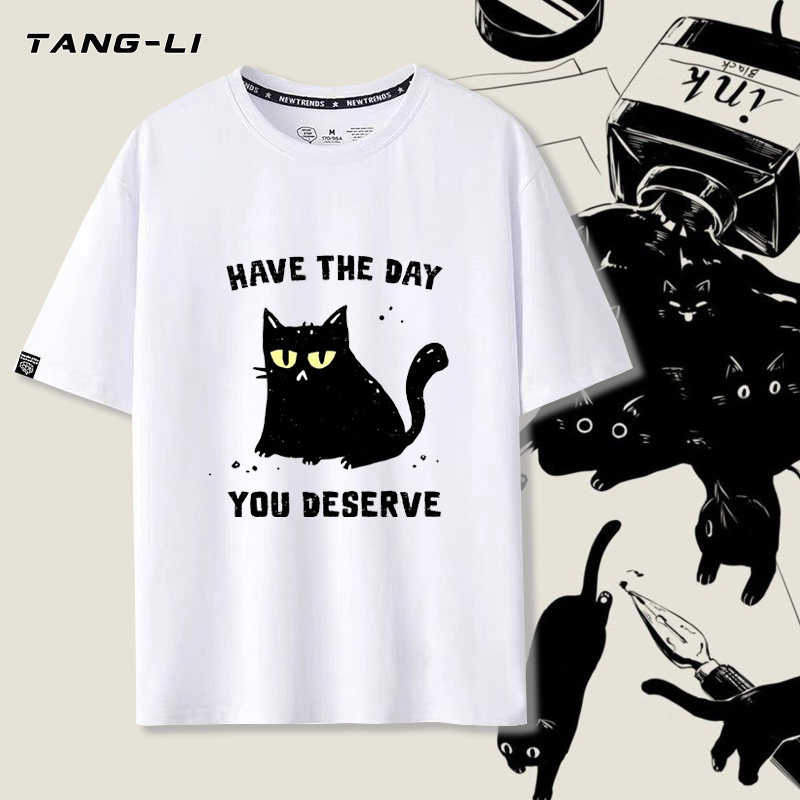 卡通黑猫咪印花图案男女学生新款宽松正肩短袖半袖上衣服T恤夏季