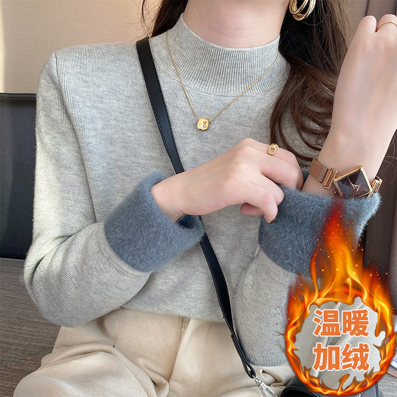 加绒加厚半高领毛衣女紧