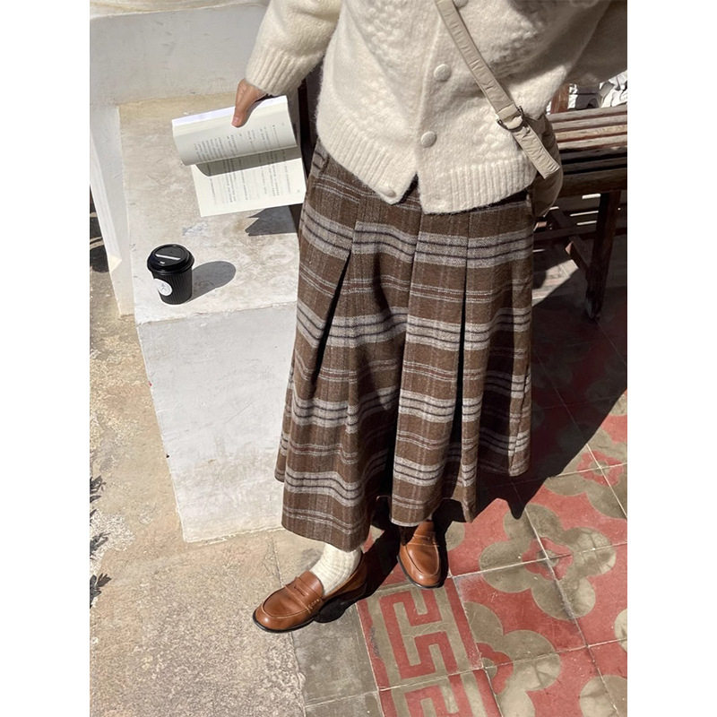 日系毛呢格子半身裙女秋