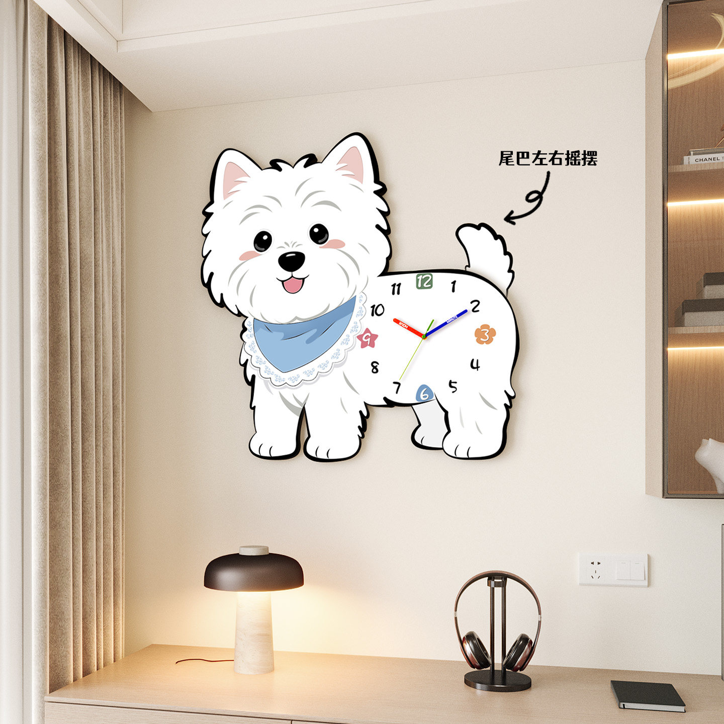 狗狗尾巴左右摇摆钟表客厅家用挂钟新款创意时钟挂墙免打孔可爱狗