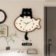 新款 静音餐厅时钟万年历 猫咪尾巴摇摆挂钟客厅家用钟表挂墙上新款
