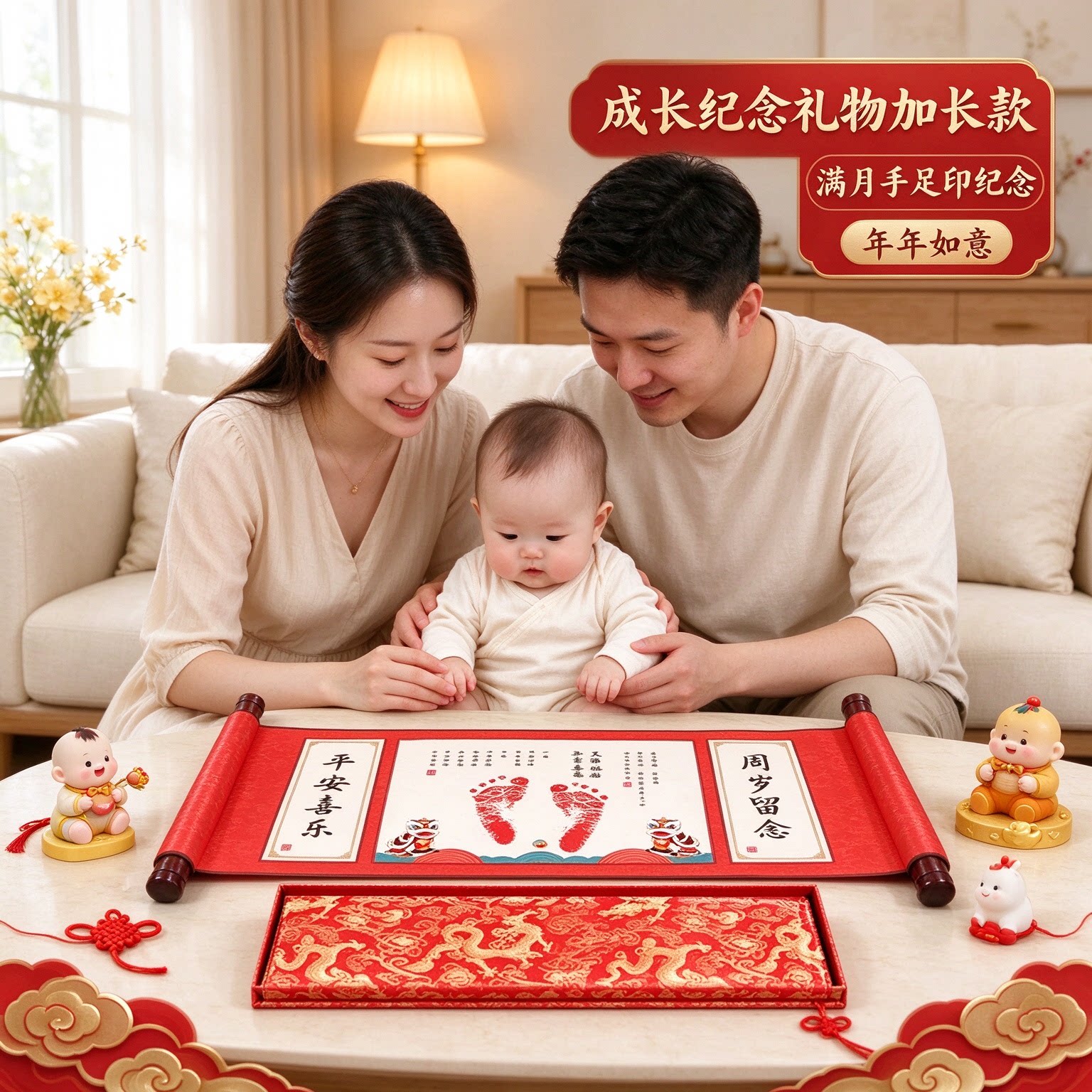 成长纪念礼物加长款满月手足印纪念年年如意聪明伶俐岁岁平安童趣