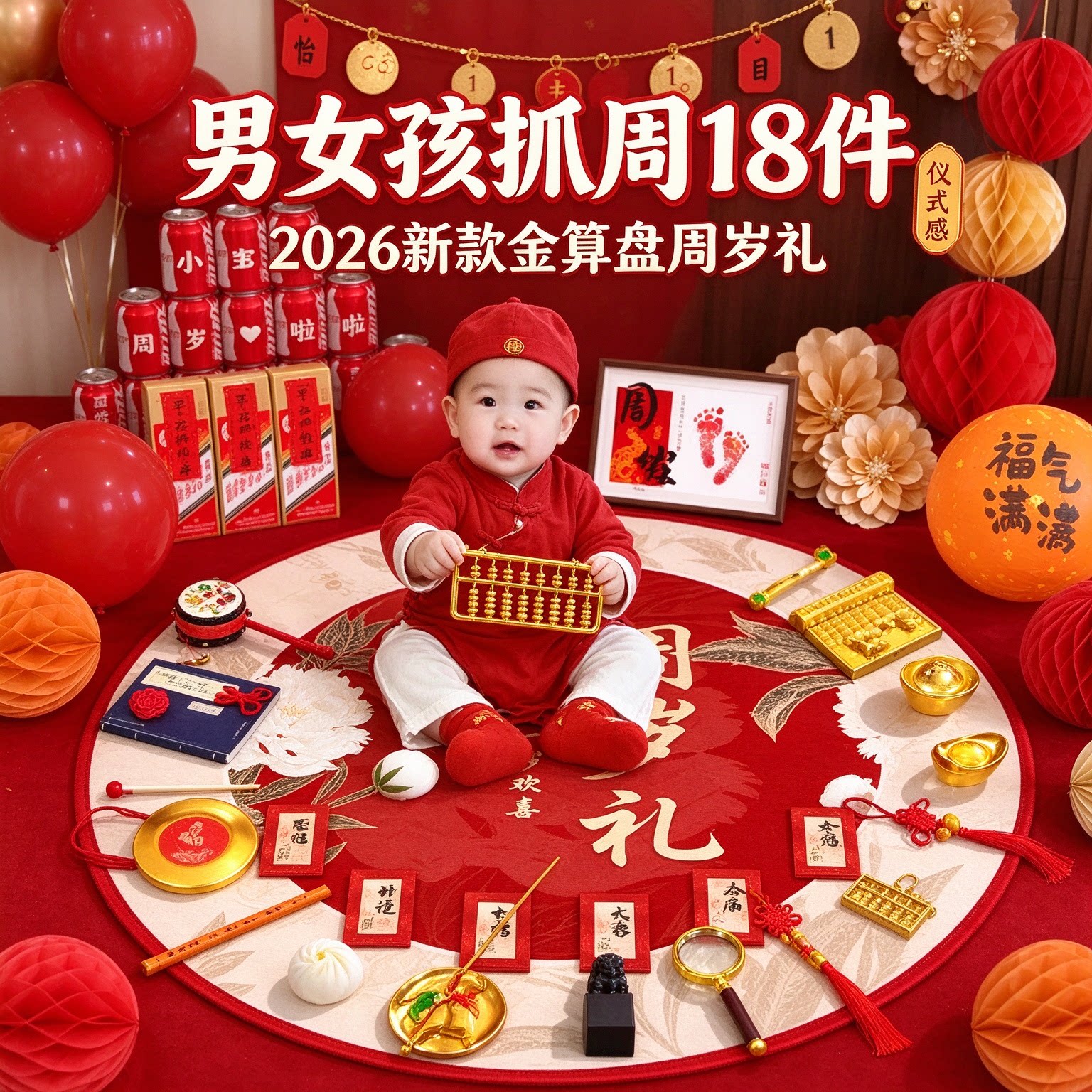 抓周道具套装男女孩18件2026新款金算盘一周岁生日布置仪式用品