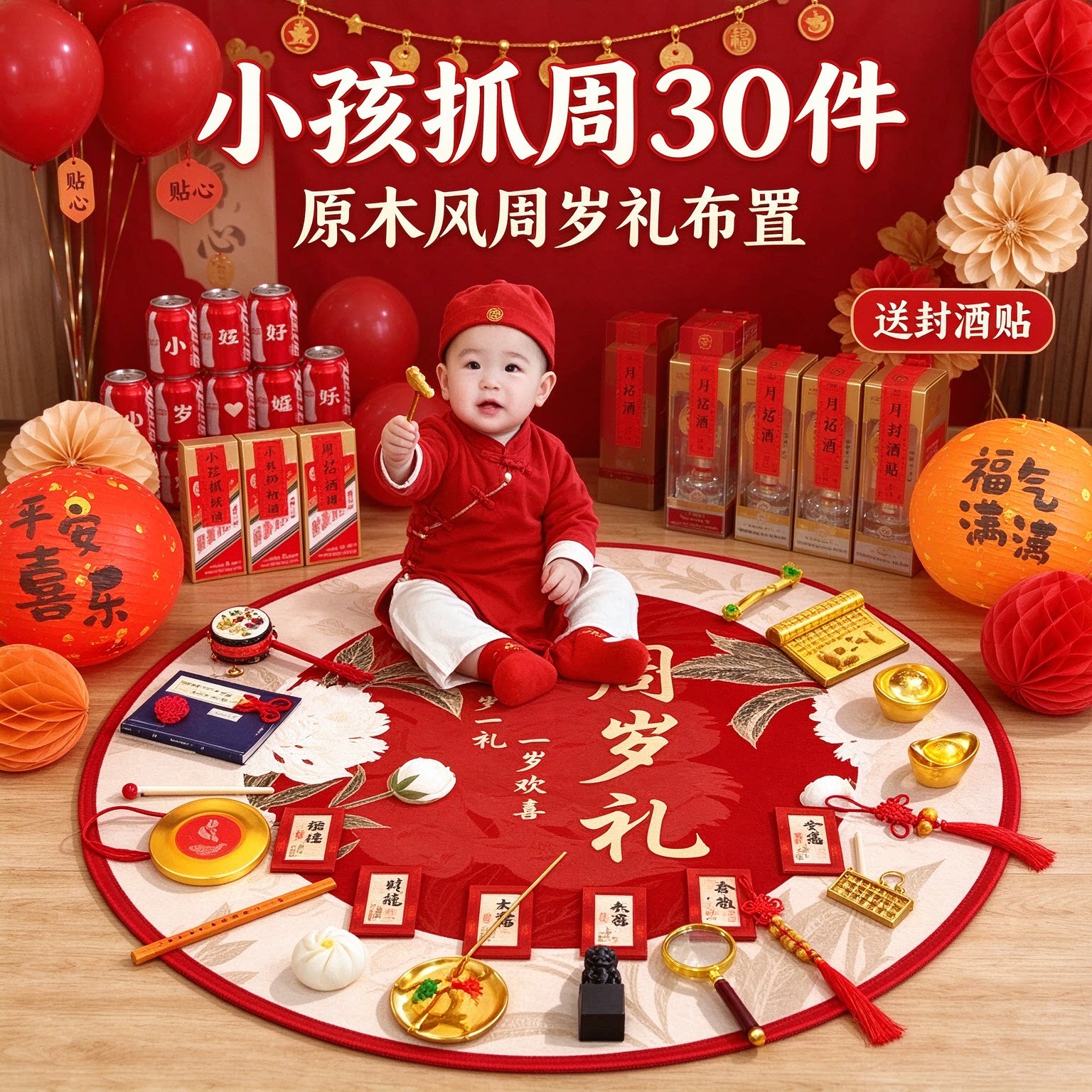 婴儿抓周道具小孩30件套原木风送封酒贴周岁礼布置装饰用品大全