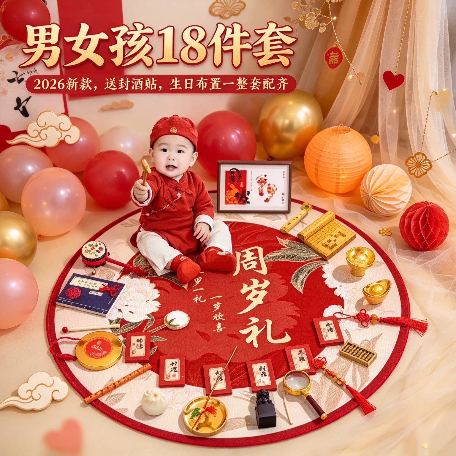 抓周道具用品套装男女孩18件套2026新款送封酒贴生日布置一整套