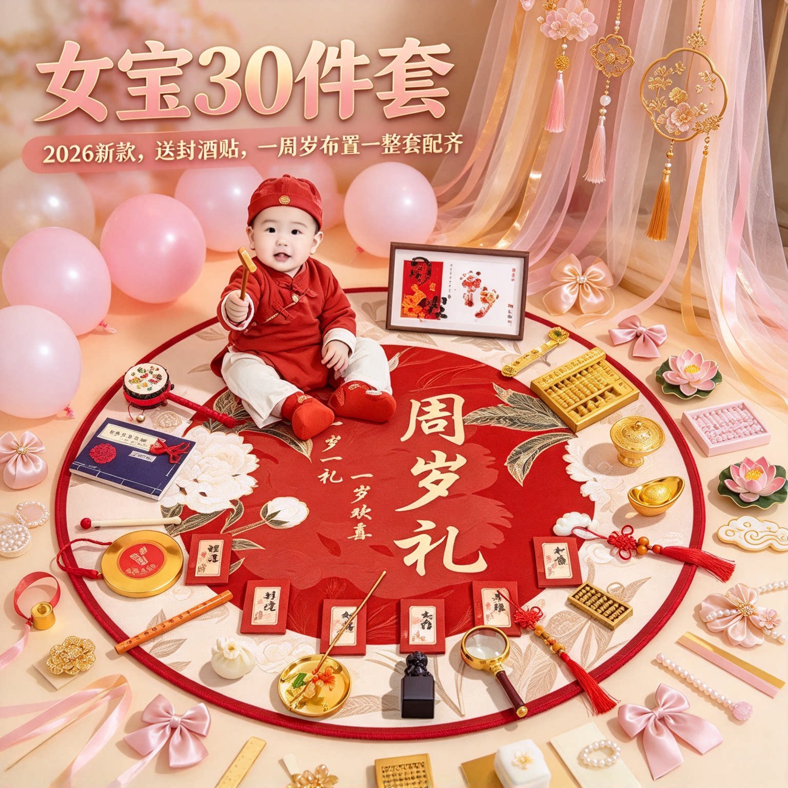 婴儿抓周用品全套女宝30件套2026新款送封酒贴一周岁布置一整套
