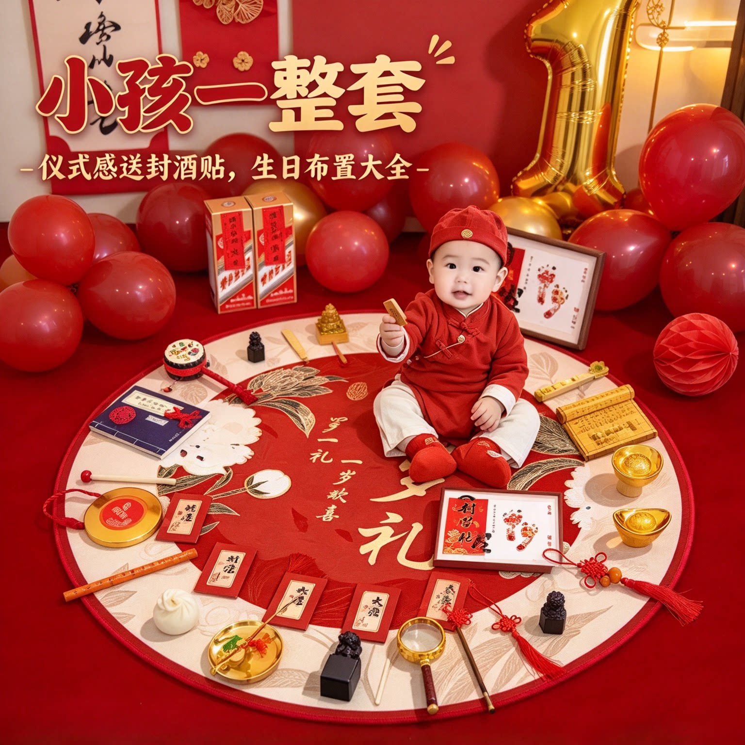 一周岁抓周用品道具套装小孩一整套仪式感送封酒贴生日布置大全