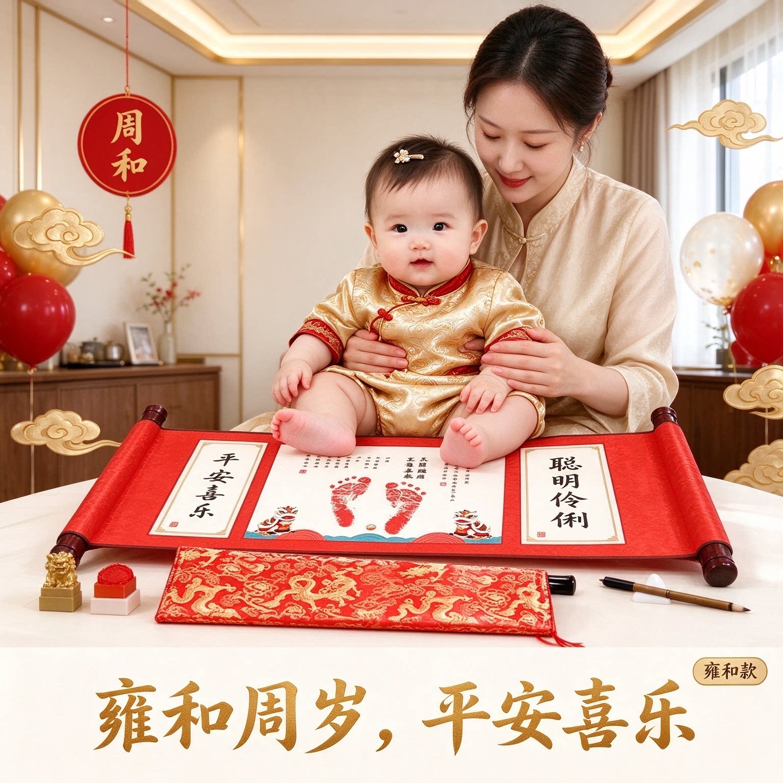一周岁平安喜乐出生脚印手印宝宝周岁宴纪念品时光留念聪明伶俐