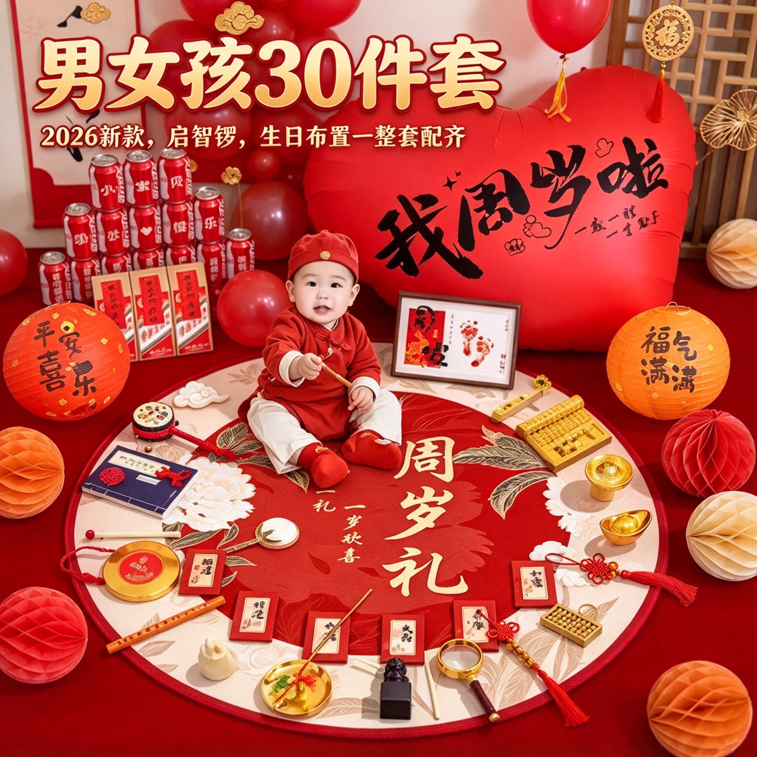 抓周用品一周岁道具男女孩30件套2026新款启智锣生日布置一整套