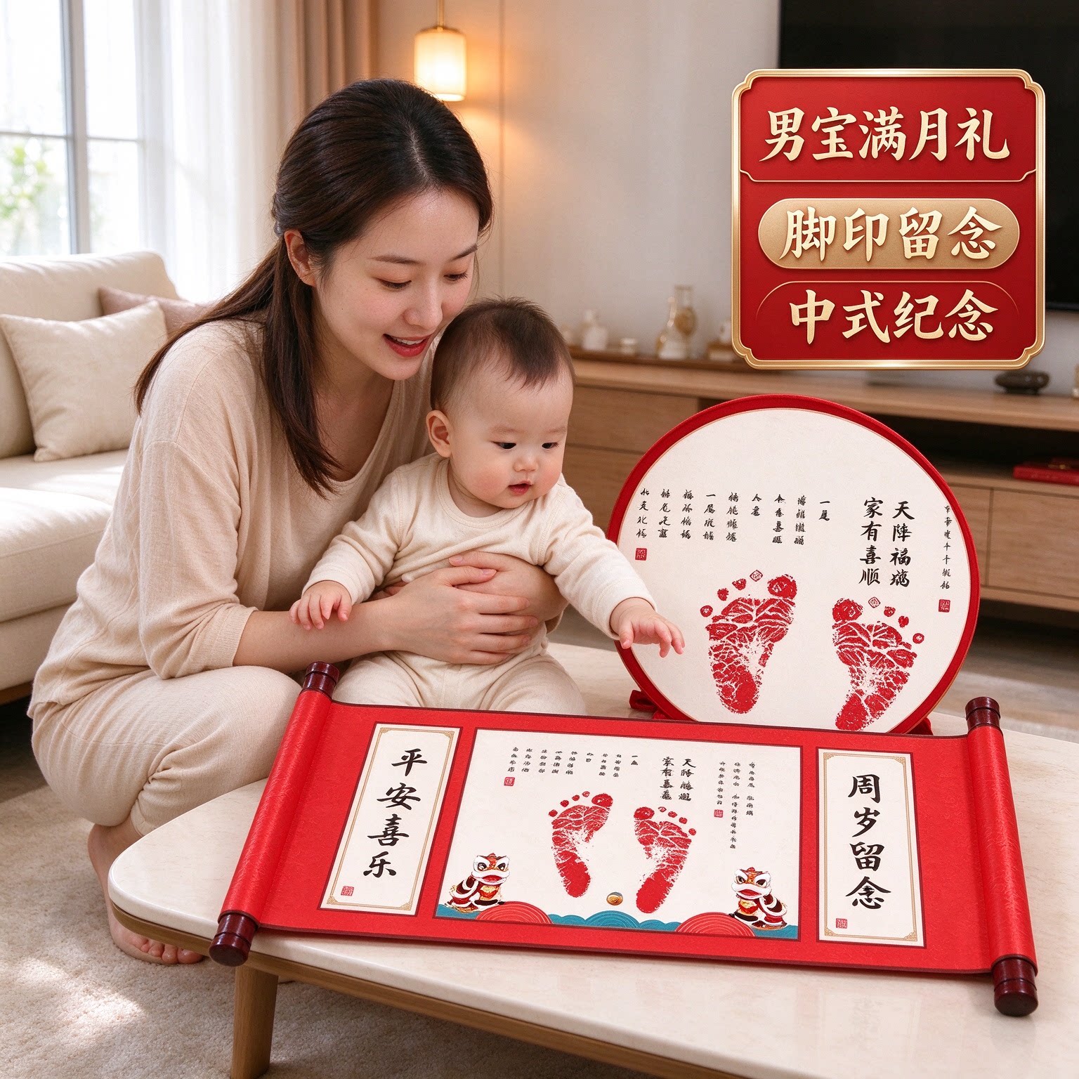 男宝满月礼物脚印留念字画成长纪念心心念念健康快乐知足常乐中式
