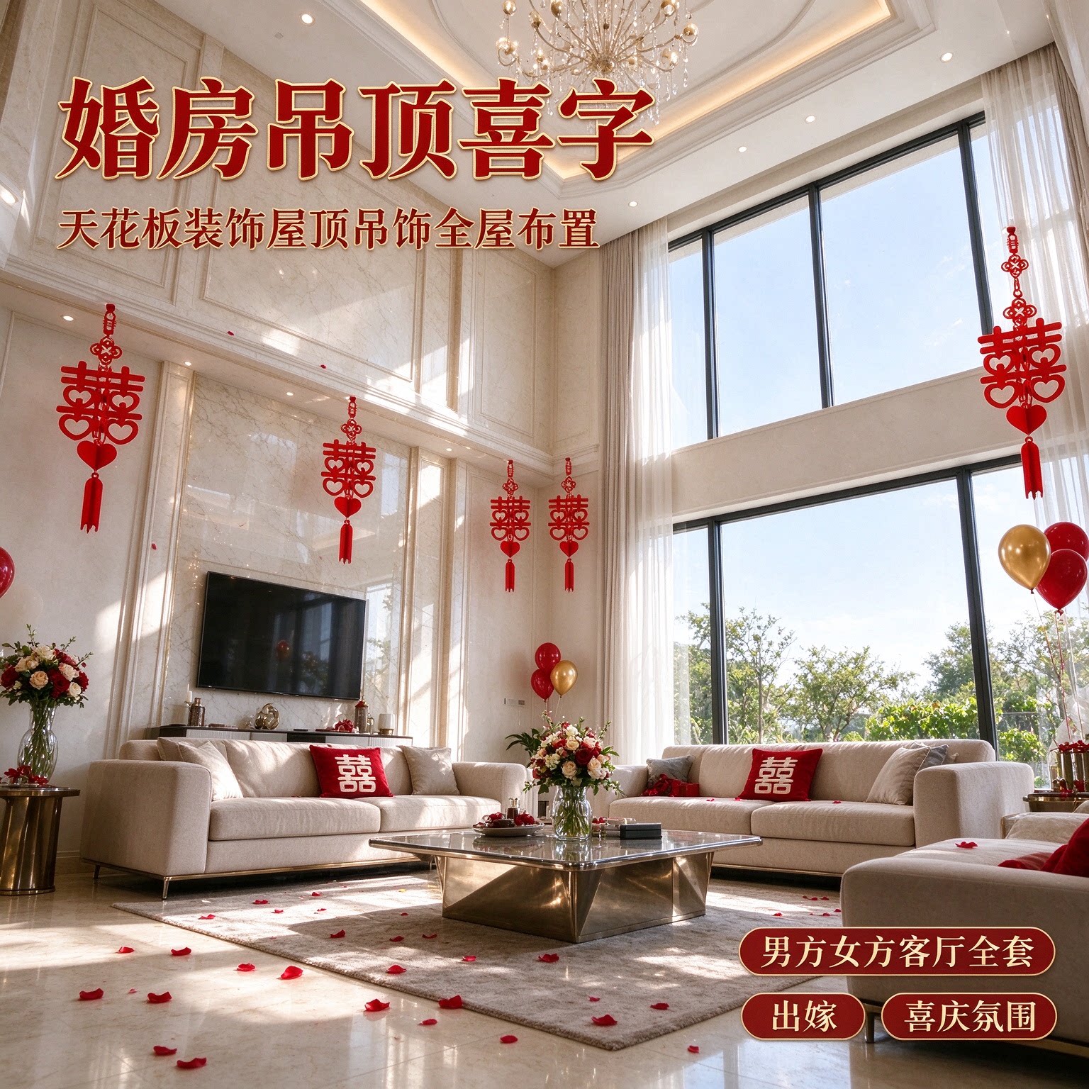 婚房吊顶喜字天花板装饰屋顶吊饰全屋布置男方女方客厅全套出嫁