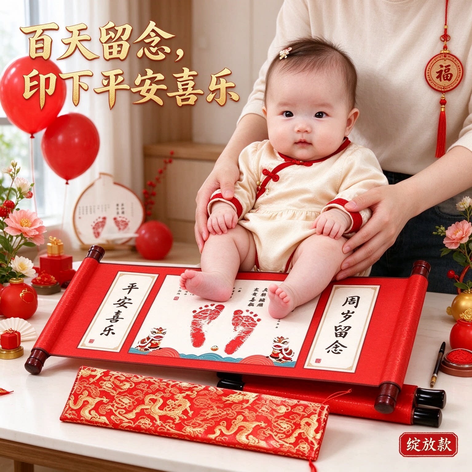 小脚丫宝宝百天新生婴儿手足印平安喜乐留念字画满满仪式福寿安康