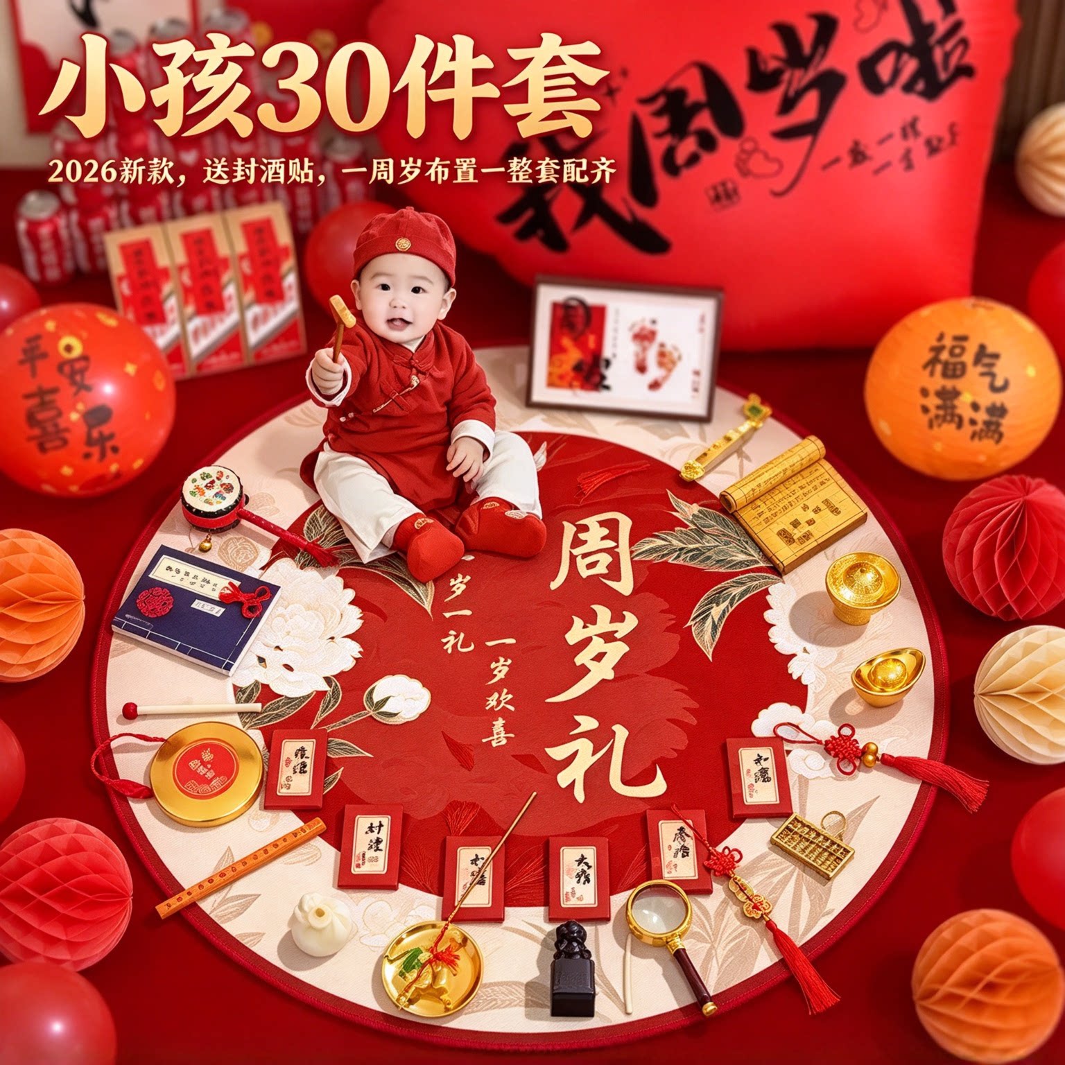 婴儿抓周用品全套小孩30件套2026新款送封酒贴一周岁布置一整套