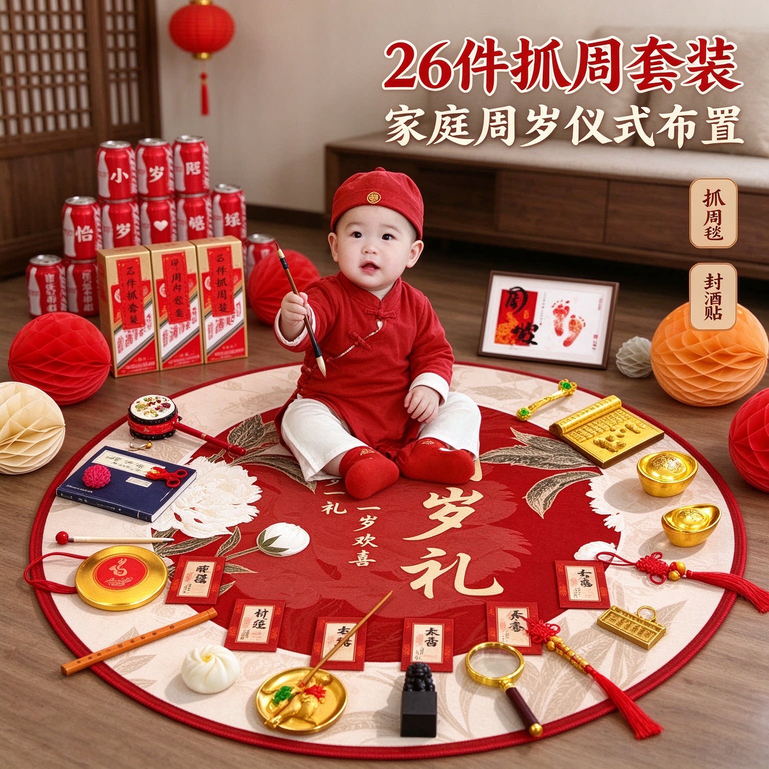 抓周道具套装小孩26件套家庭版送封酒贴周岁布置仪式感用品大全