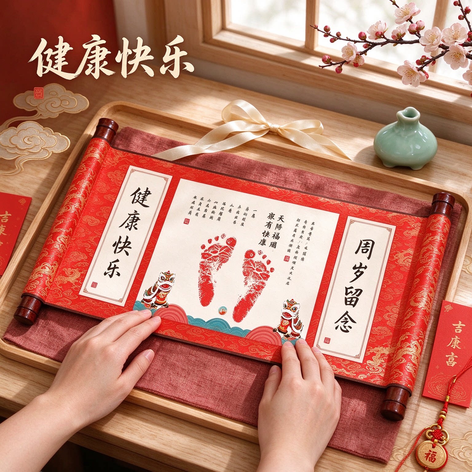 新生儿手足印画成长纪念礼物健康快乐喜气盈门温馨留念年年如意