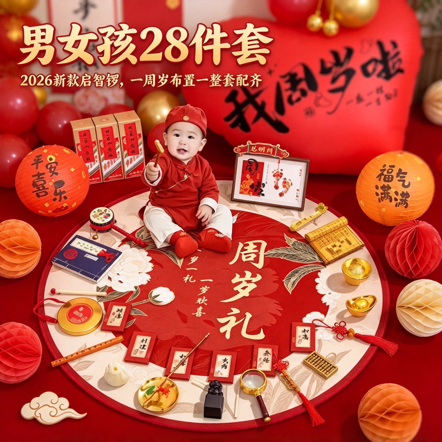 婴儿抓周用品套装男女孩28件套2026新款启智锣一周岁布置一整套