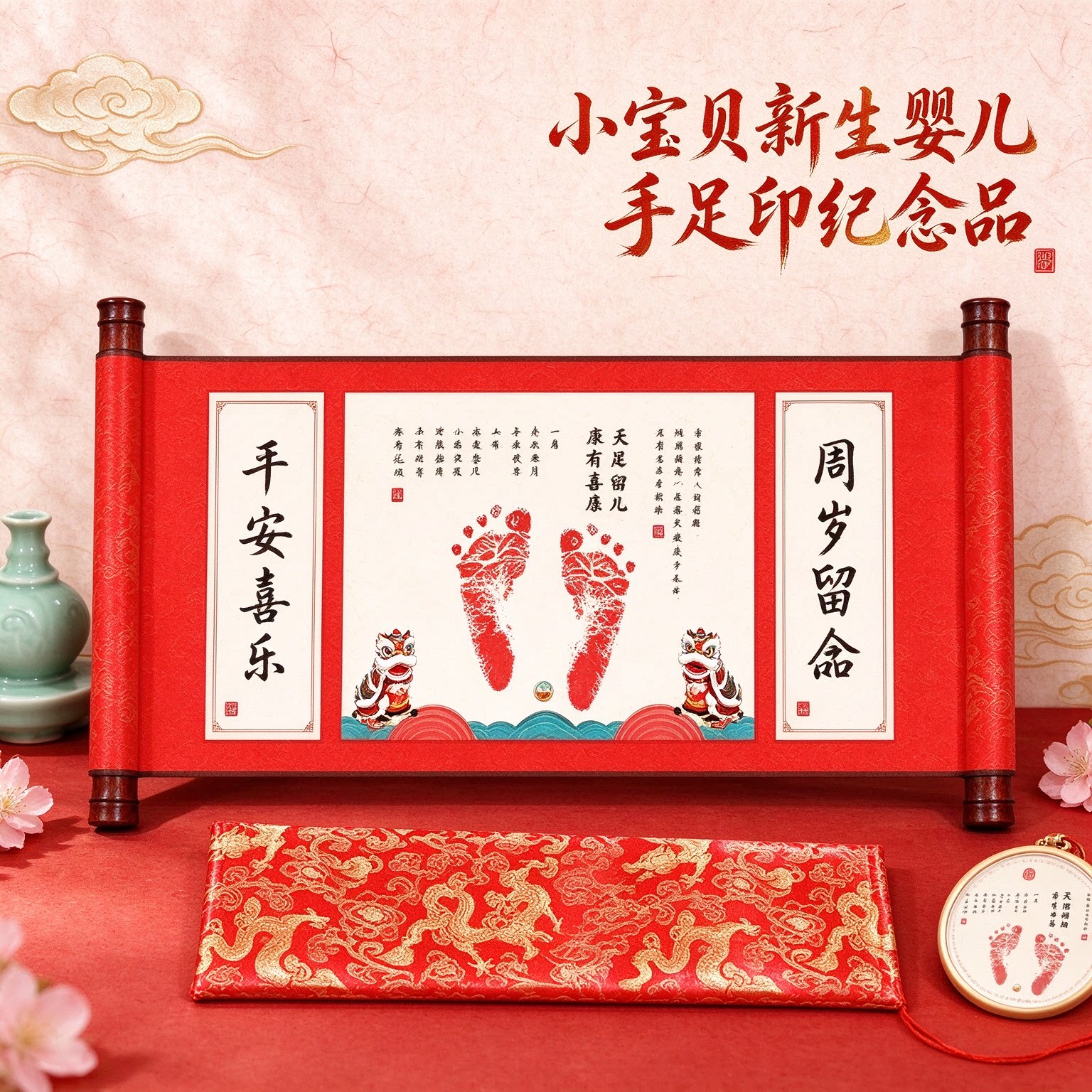 小宝贝新生婴儿手足印纪念品吉庆有余心心念念吉祥如意茁壮成长