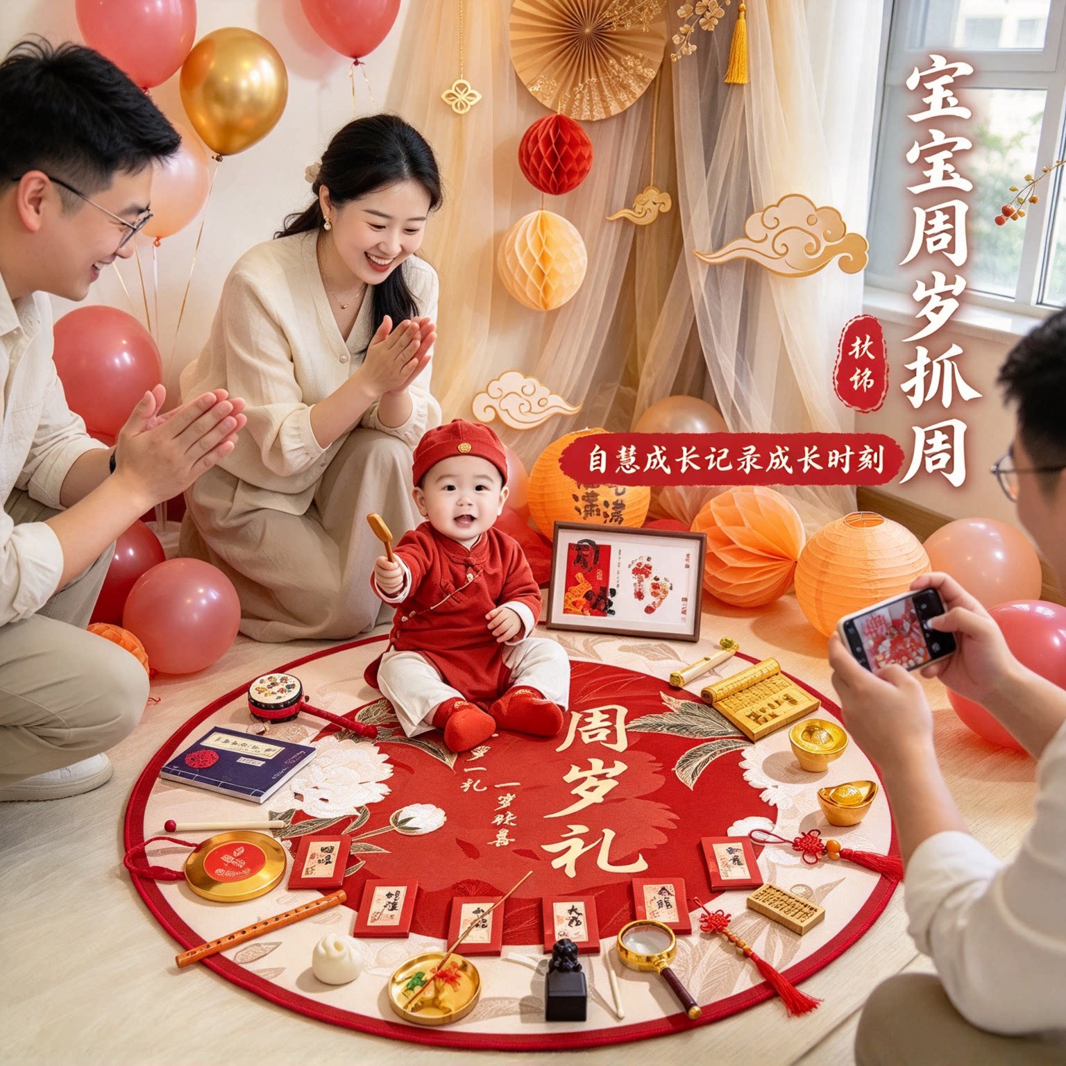 婴儿抓周用品全套男女孩28件套家庭版送封酒贴一周岁布置一整套