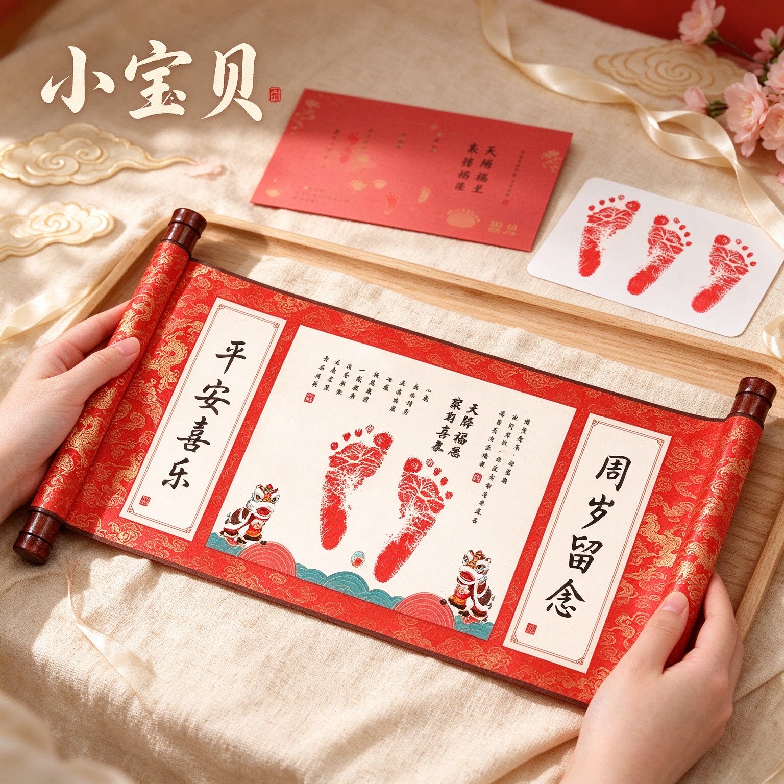 小宝贝新中式足印纪念诞生平安喜乐宝宝纪念品亲笔题写茁壮成长