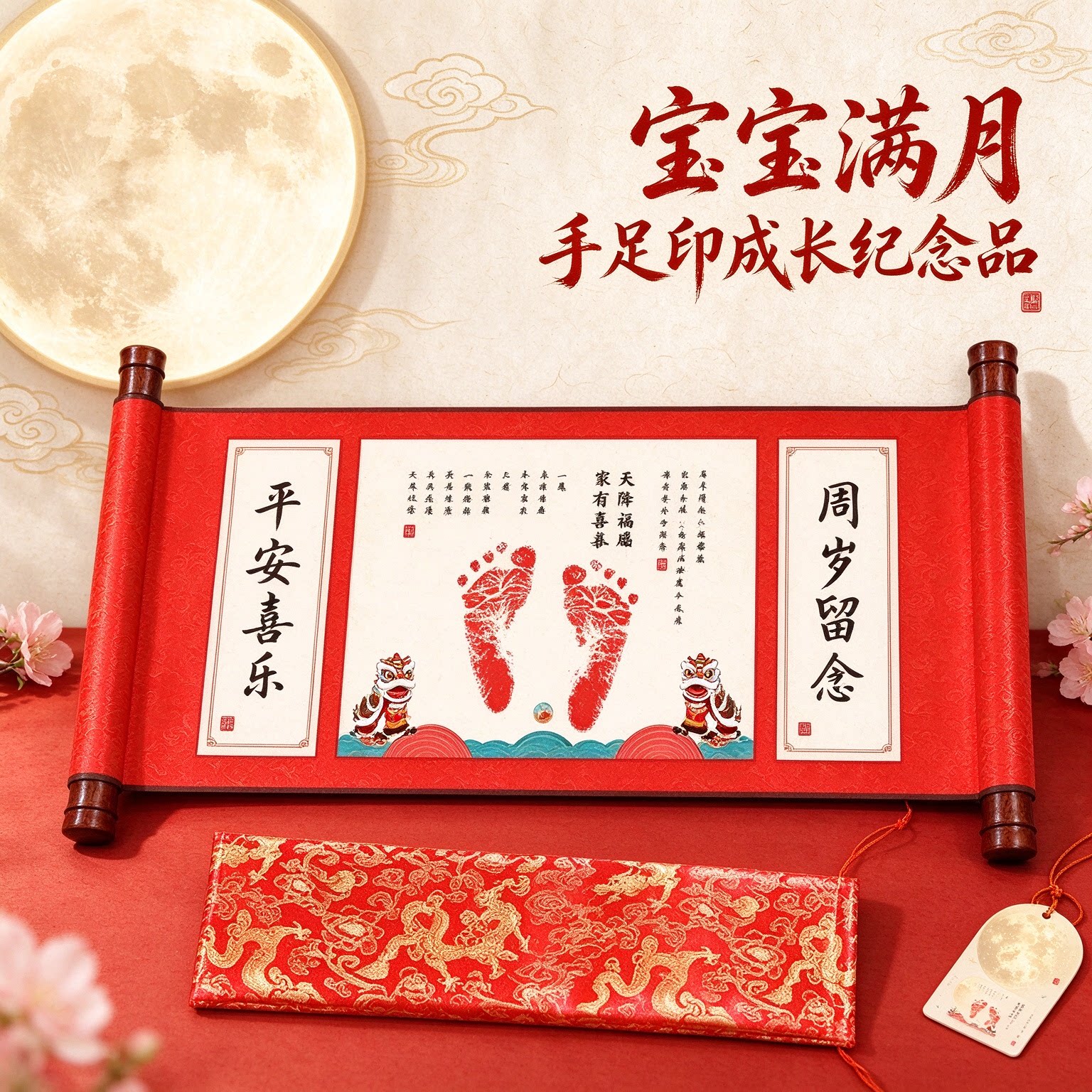 宝宝满月宝宝手足印成长纪念品聪明伶俐知足常乐吉庆有余吉祥如意