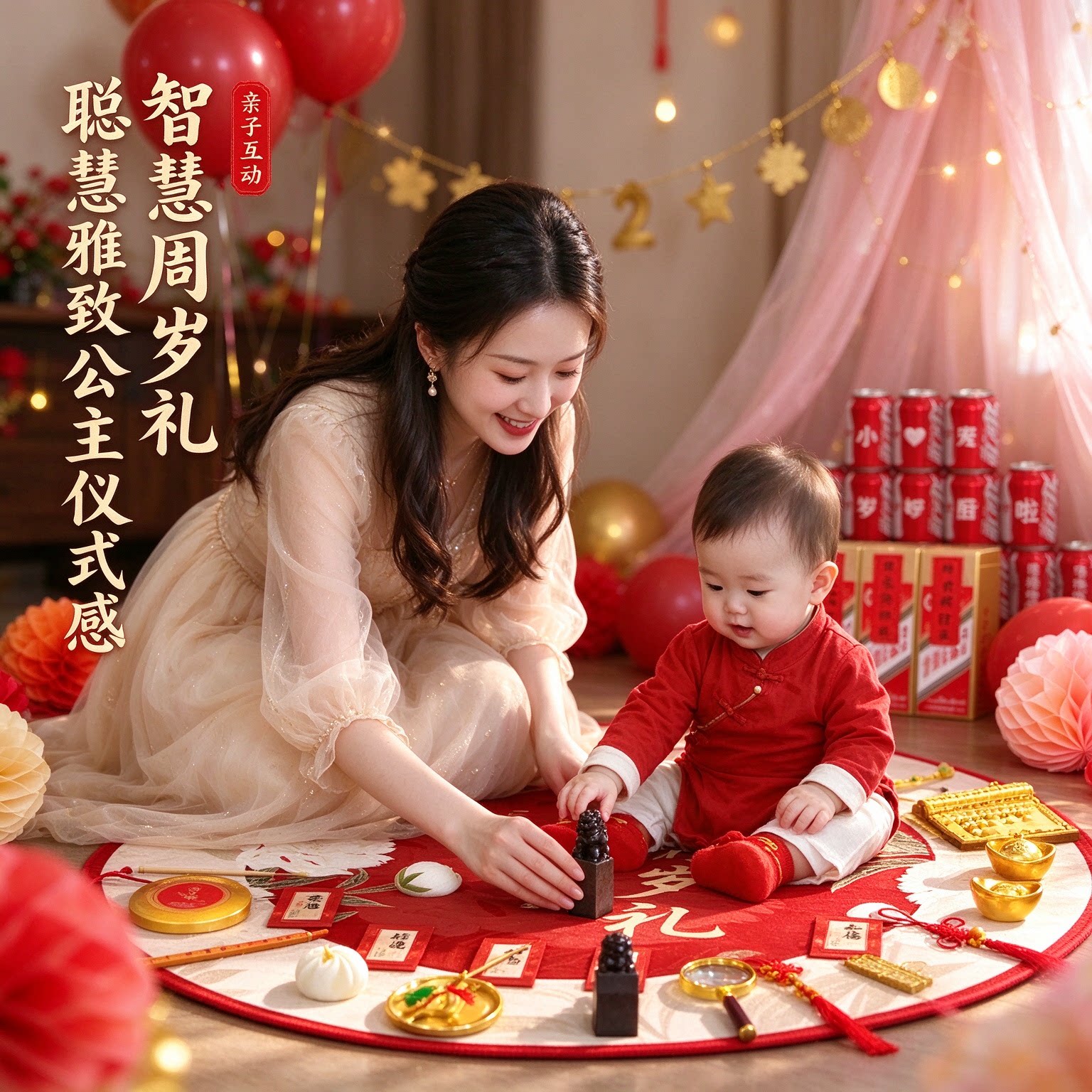 婴儿抓周道具幼童30件套公主风送封酒贴周岁礼布置装饰用品大全