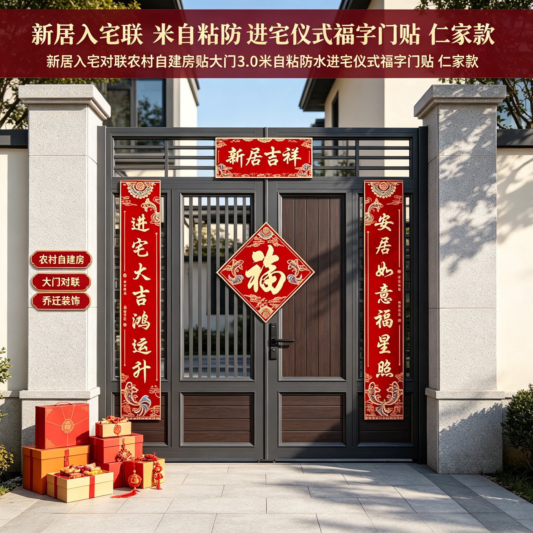 新居入宅对联农村自建房贴大门3.0米自粘防水进宅仪式福字门贴