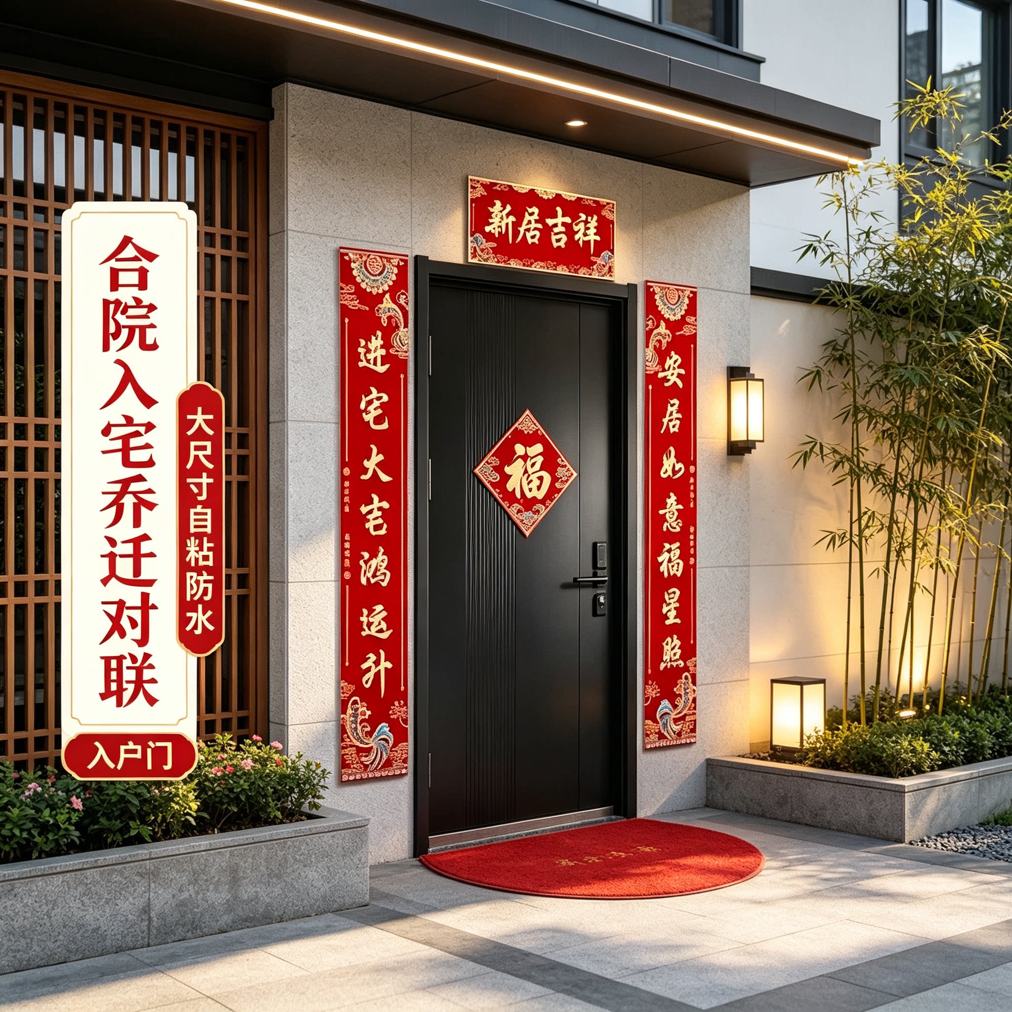 乔迁之喜入宅对联大尺寸自粘防水入户门新房搬家仪式布置福字门贴