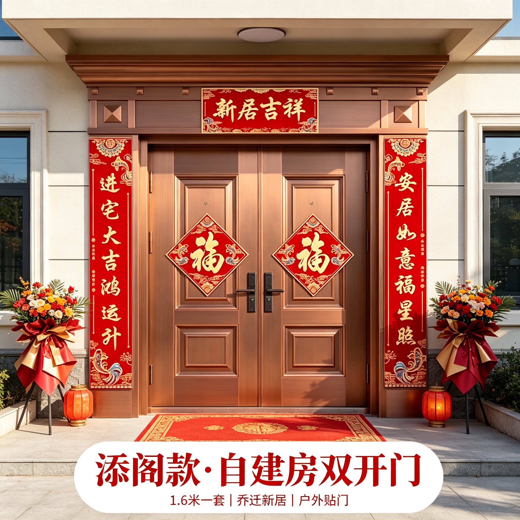 新房乔迁对联农村自建房别墅大门1.6米一套搞定搬新家布置门贴