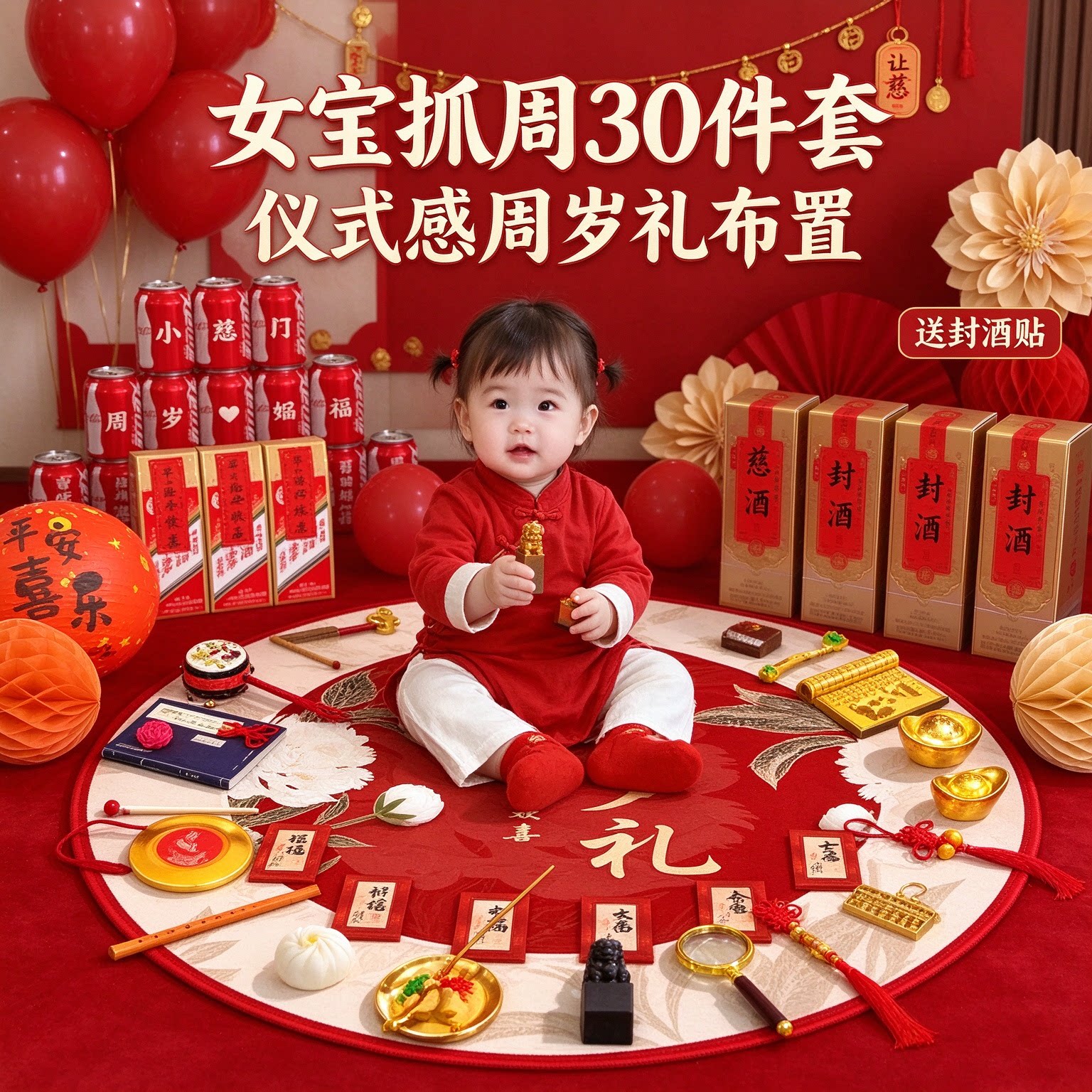婴儿抓周道具女宝30件套仪式感送封酒贴周岁礼布置装饰用品大全