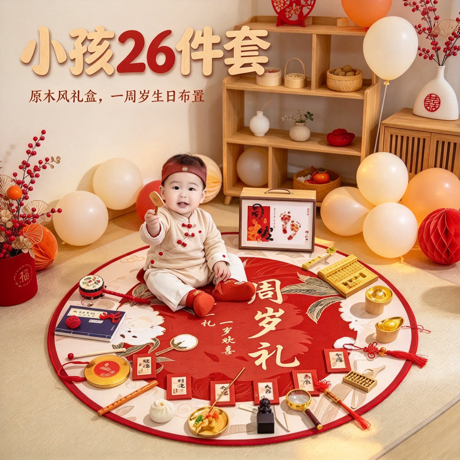抓周道具摆件一周岁小孩26件套原木风礼盒生日布置装饰用品大全