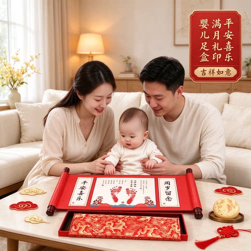 平安喜乐满月礼盒婴儿手足印吉祥如意小手小脚软萌可爱福寿安康