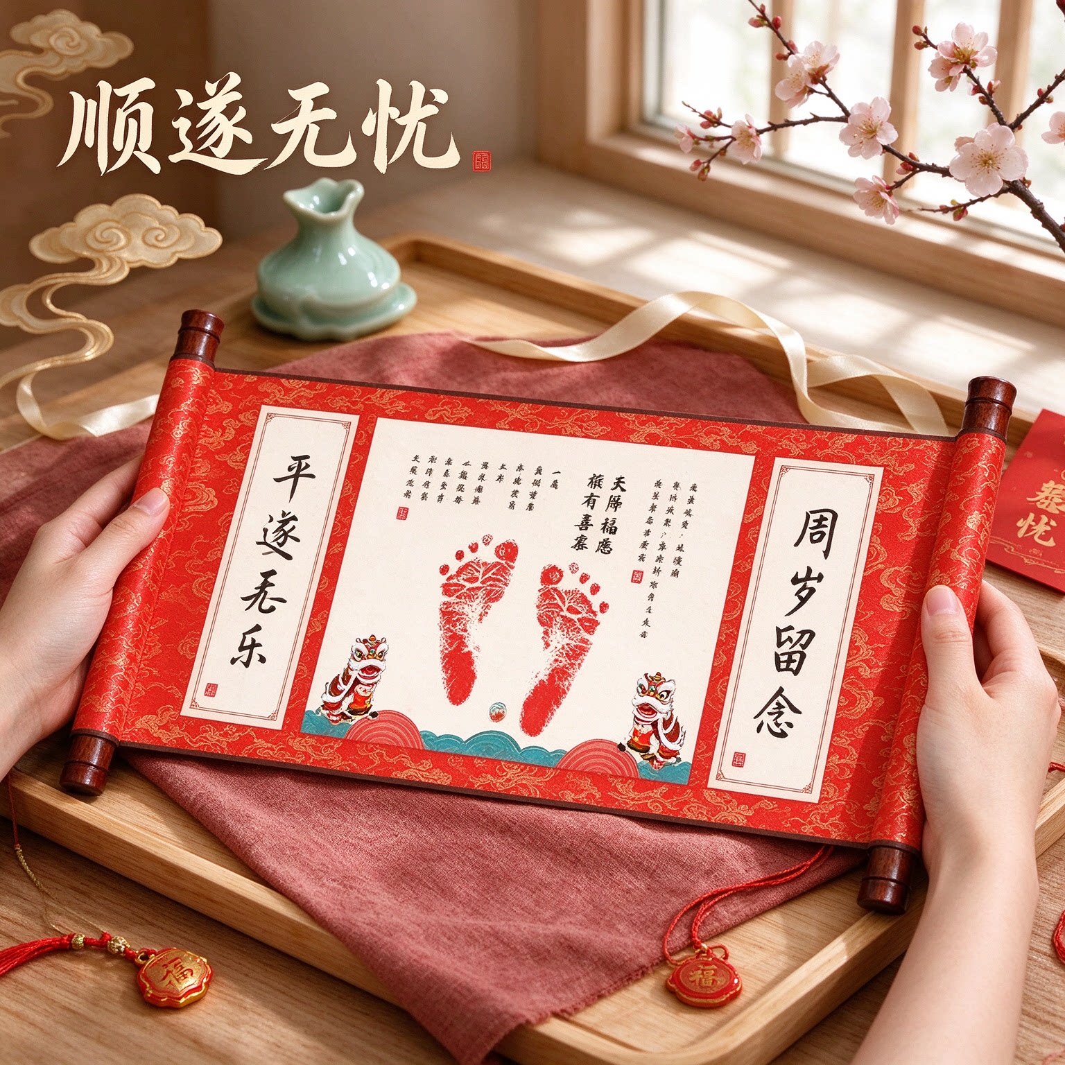 小宝贝周岁小脚丫宝宝手足印纪念字画顺遂无忧喜笑颜开满满仪式