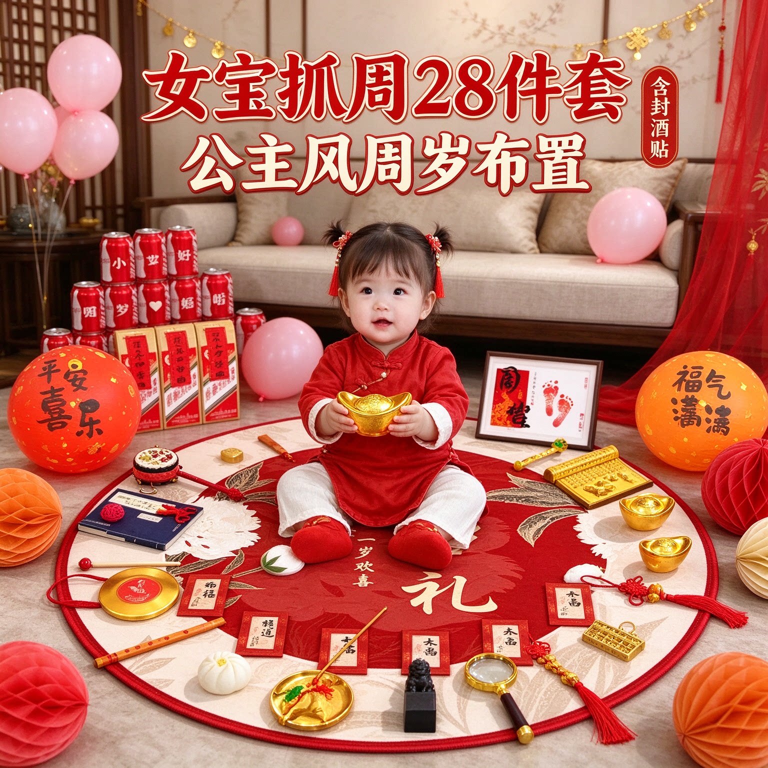抓周道具套装女宝28件套公主风送封酒贴周岁布置仪式感用品大全