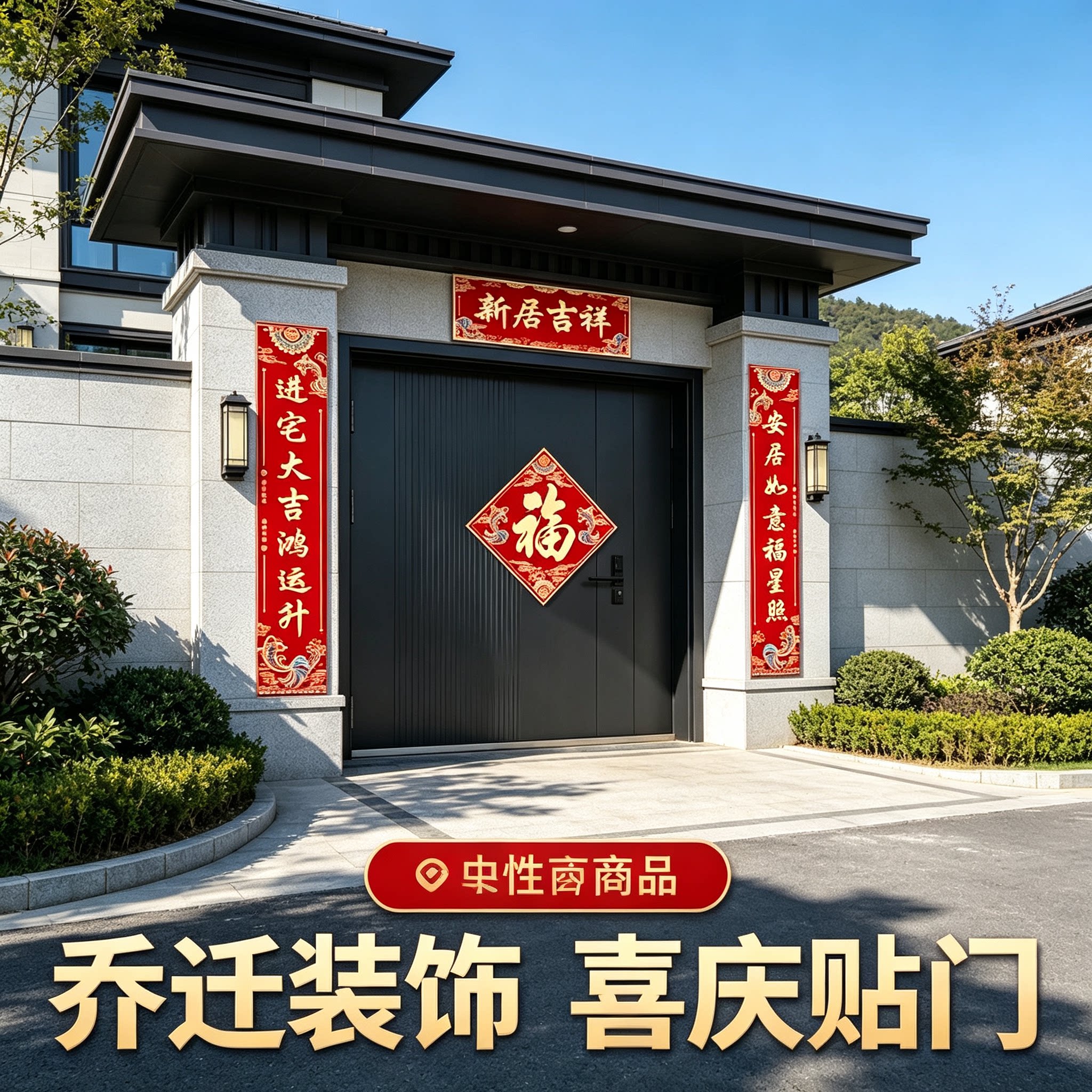 新房子乔迁之喜别墅大门对联大尺寸自粘新居入宅搬家装饰布置门贴