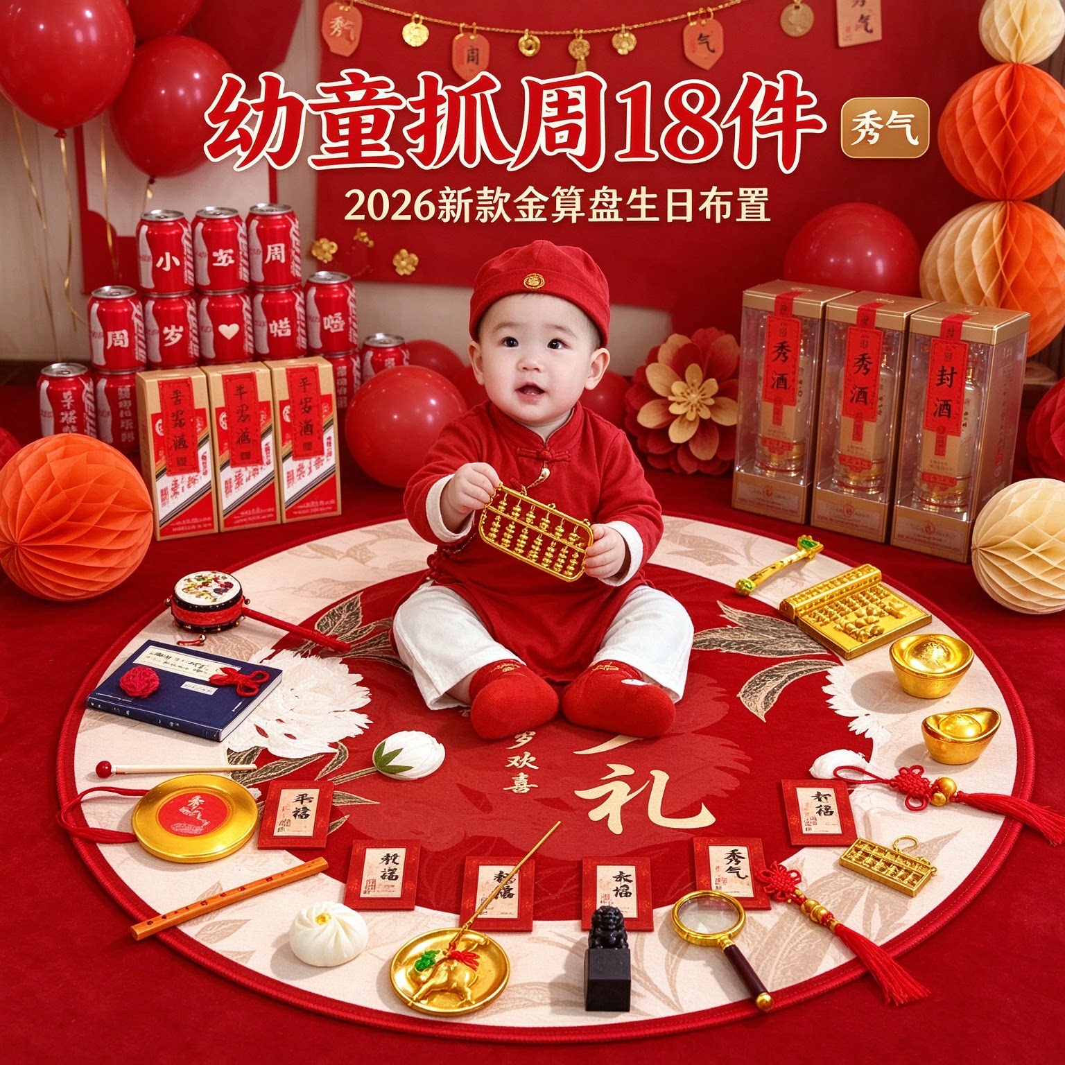 婴儿抓周道具幼童18件套2026新款金算盘一周岁生日布置仪式用品